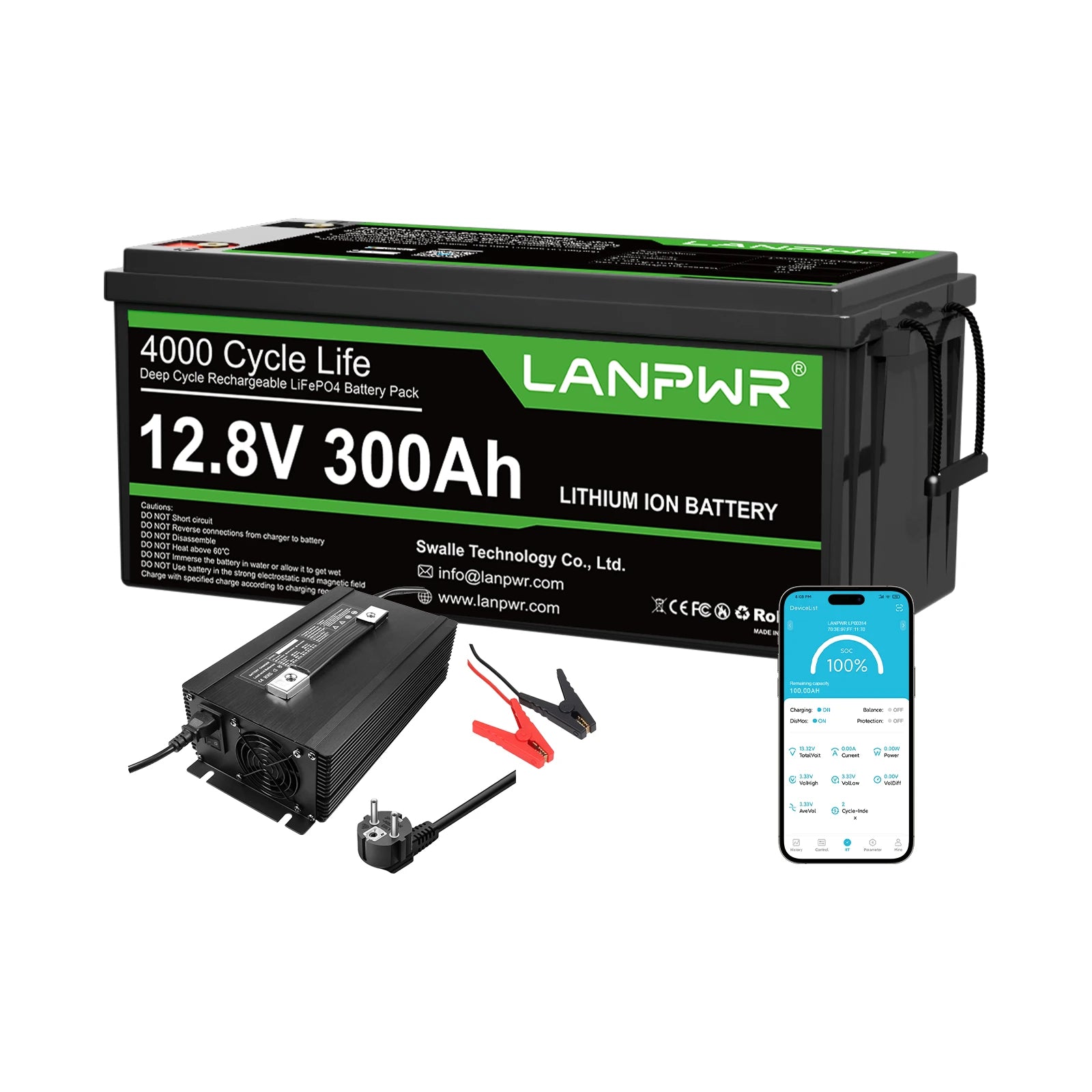LANPWR 12V 300Ah LiFePO4 Battery with Bluetooth 5.0, Maximum Load Power 2560W, 3840Wh Energy