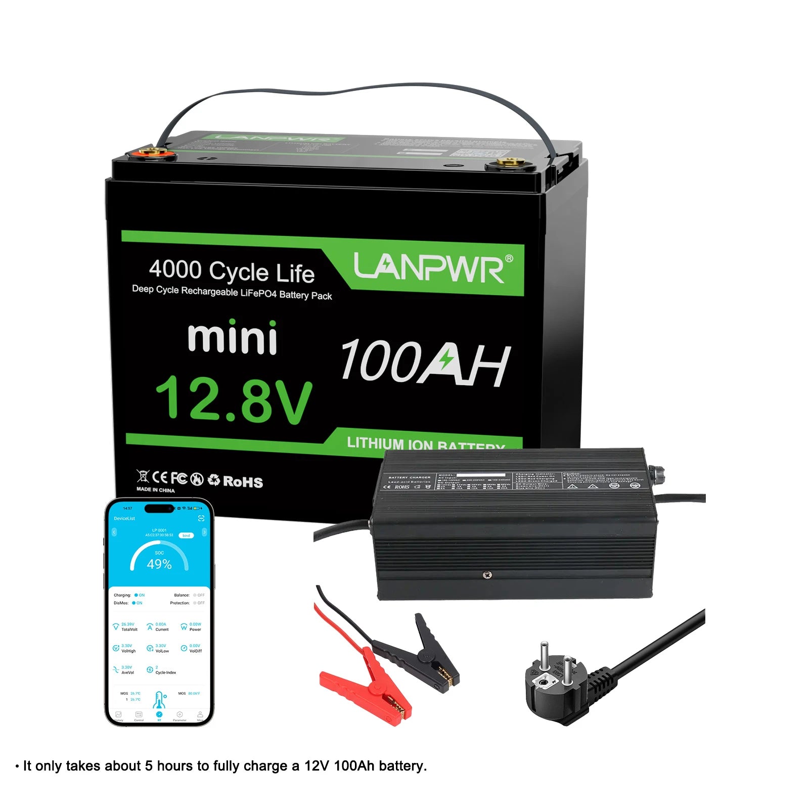 LANPWR 12V 100Ah Mini Bluetooth LiFePO4 Lithium Battery