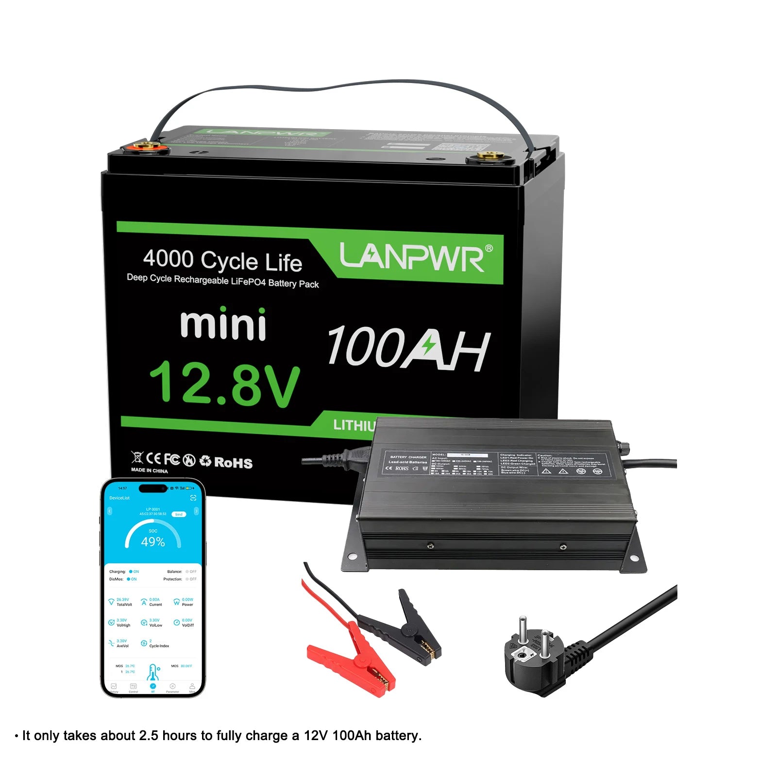 LANPWR 12V 100Ah Mini Bluetooth LiFePO4 Lithium Battery