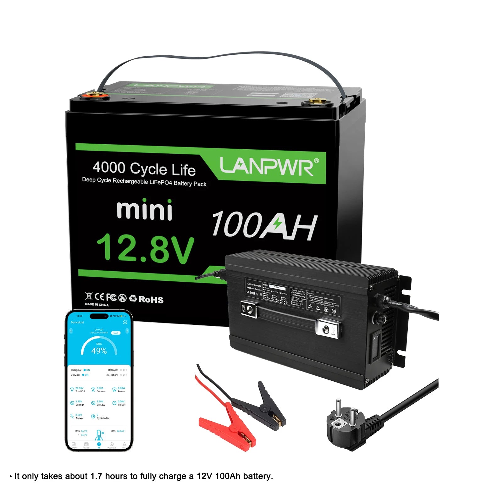 LANPWR 12V 100Ah Mini Bluetooth LiFePO4 Lithium Battery