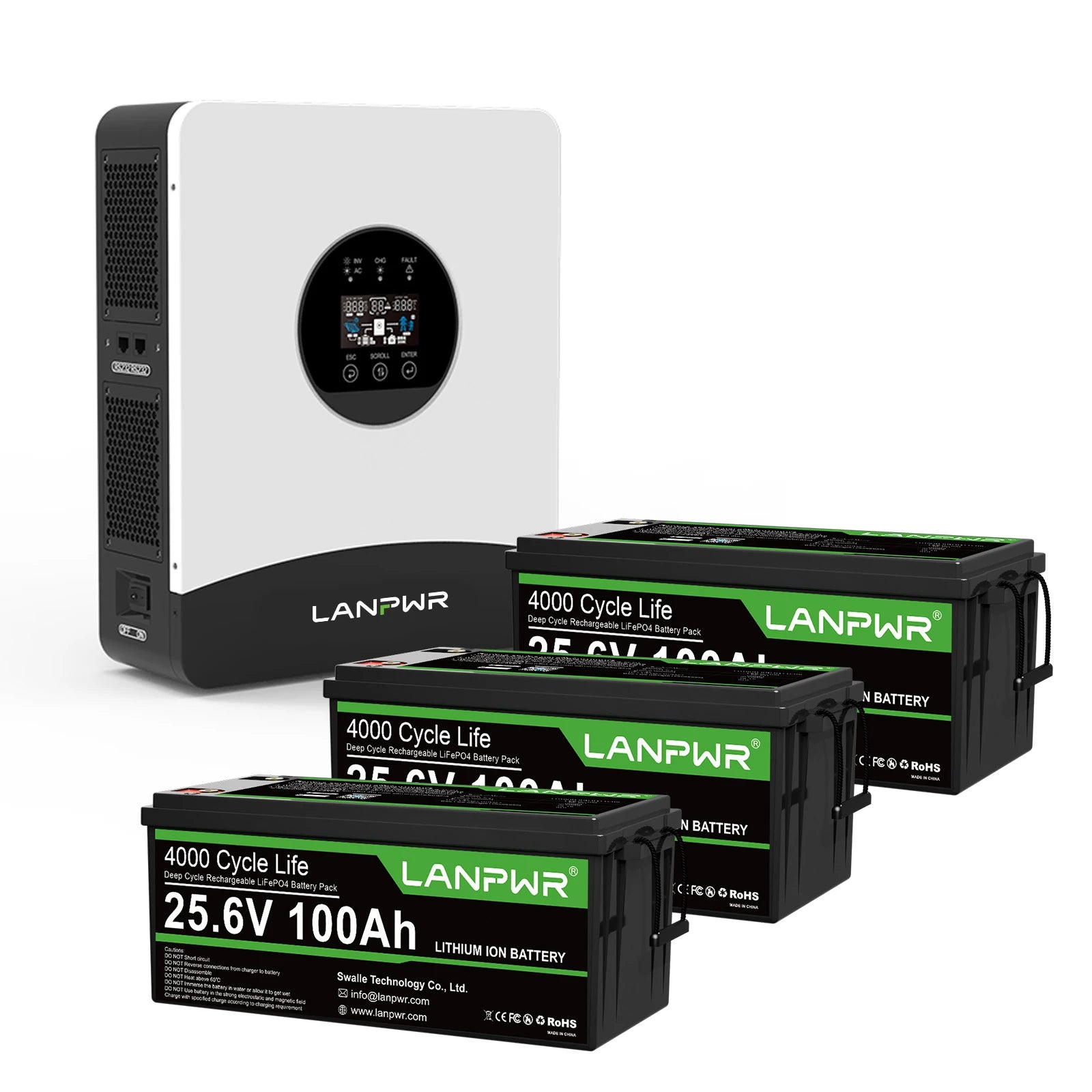 LANPWR 1080Wp 3000W 24V 5.12kWh Off‑Grid Solar Kit - 24V 3000W Off-grid Inverter, 2x24V 100Ah LiFePO4 Lithium Battery
