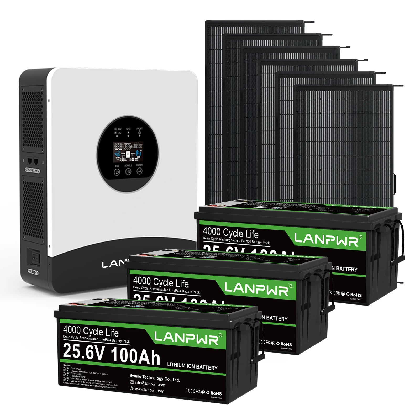 LANPWR 1080Wp 3000W 24V 5.12kWh Off‑Grid Solar Kit - 24V 3000W Off-grid Inverter, 2x24V 100Ah LiFePO4 Lithium Battery