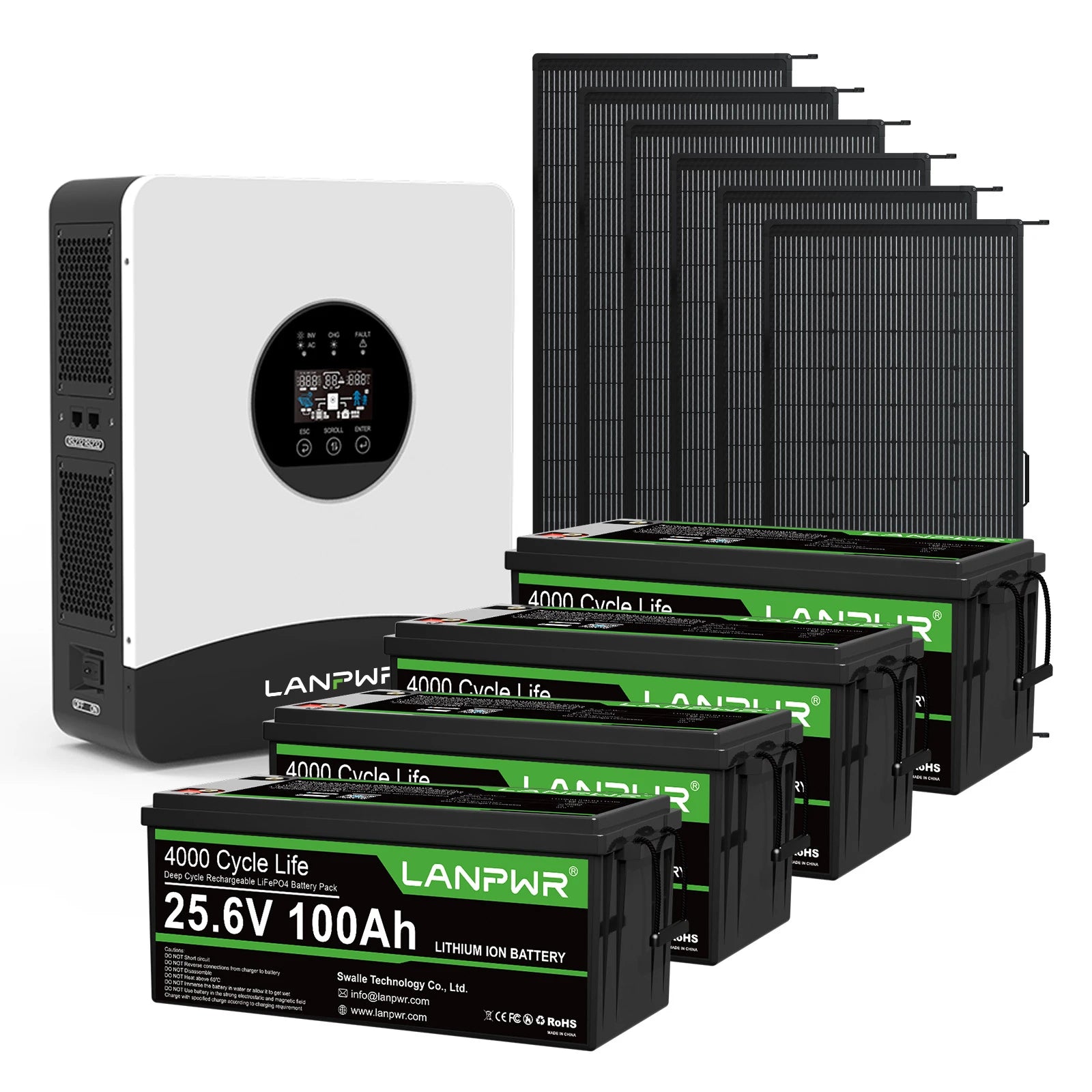 LANPWR 1080Wp 3000W 24V 5.12kWh Off‑Grid Solar Kit - 24V 3000W Off-grid Inverter, 2x24V 100Ah LiFePO4 Lithium Battery