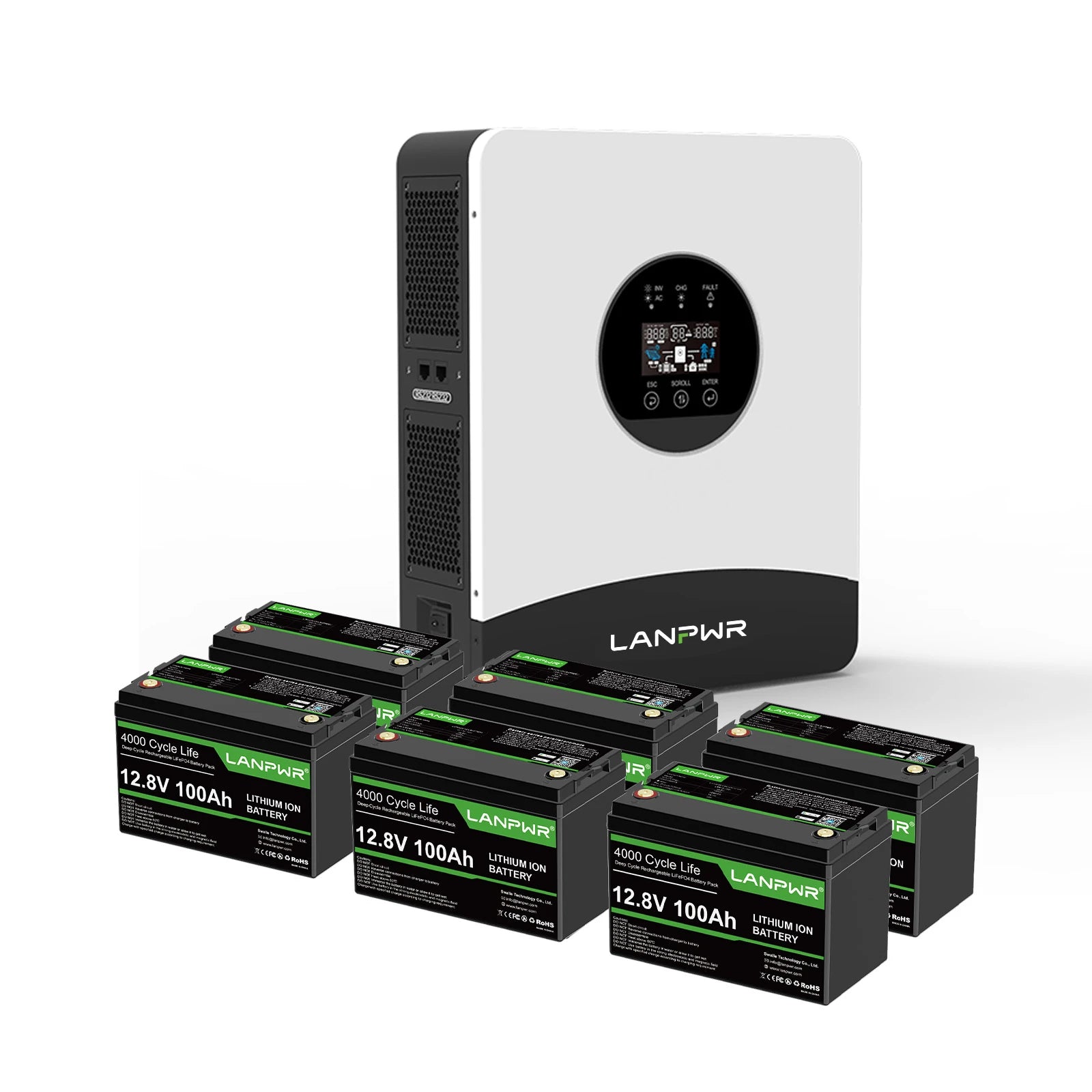 LANPWR 1080Wp 3000W 24V 5.12kWh Off‑Grid Solar Kit - 24V 3000W Off-grid Inverter, 4x12V 100Ah LiFePO4 Lithium Battery