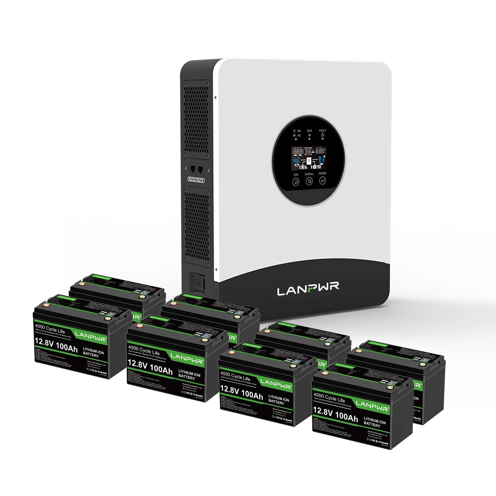 LANPWR 1080Wp 3000W 24V 5.12kWh Off‑Grid Solar Kit - 24V 3000W Off-grid Inverter, 4x12V 100Ah LiFePO4 Lithium Battery