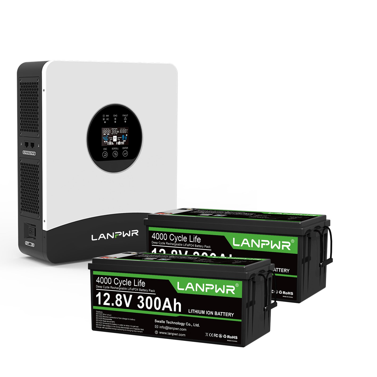 LANPWR 1080Wp 3000W 24V 5.12kWh Off‑Grid Solar Kit - 24V 3000W Off-grid Inverter, 2x12V 300Ah Bluetooth LiFePO4 Battery