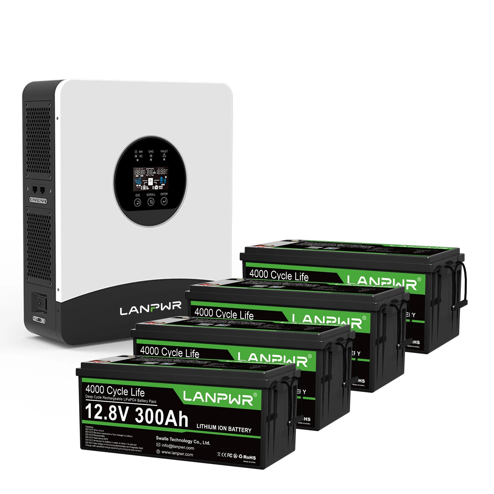 LANPWR 1080Wp 3000W 24V 5.12kWh Off‑Grid Solar Kit - 24V 3000W Off-grid Inverter, 2x12V 300Ah Bluetooth LiFePO4 Battery