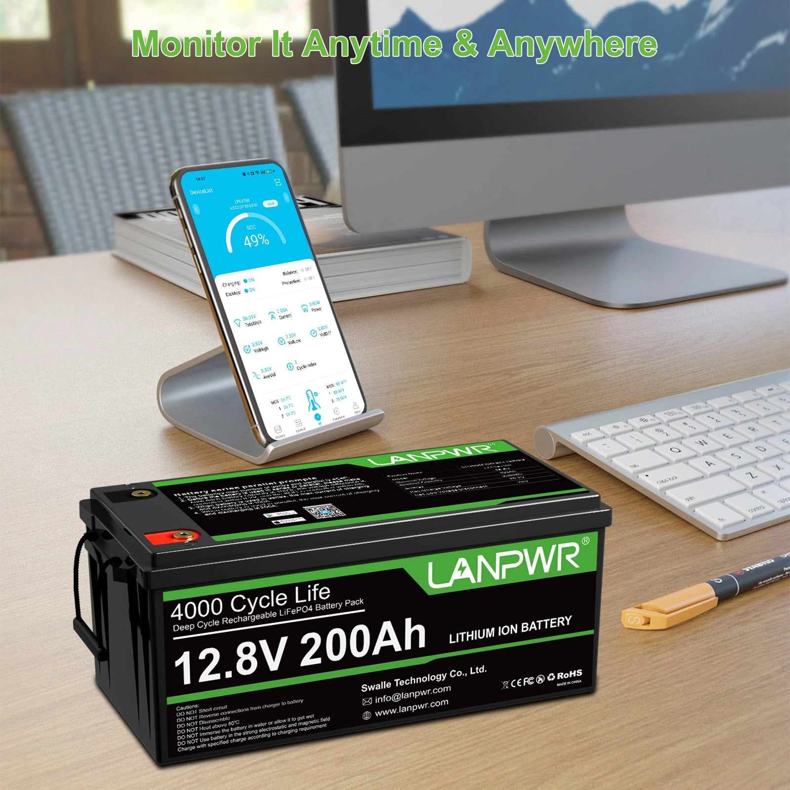 LANPWR 1080Wp 3000W 24V 5.12kWh Off‑Grid Solar Kit - 24V 3000W Off-grid Inverter, 2x12V 200Ah Bluetooth LiFePO4 Battery