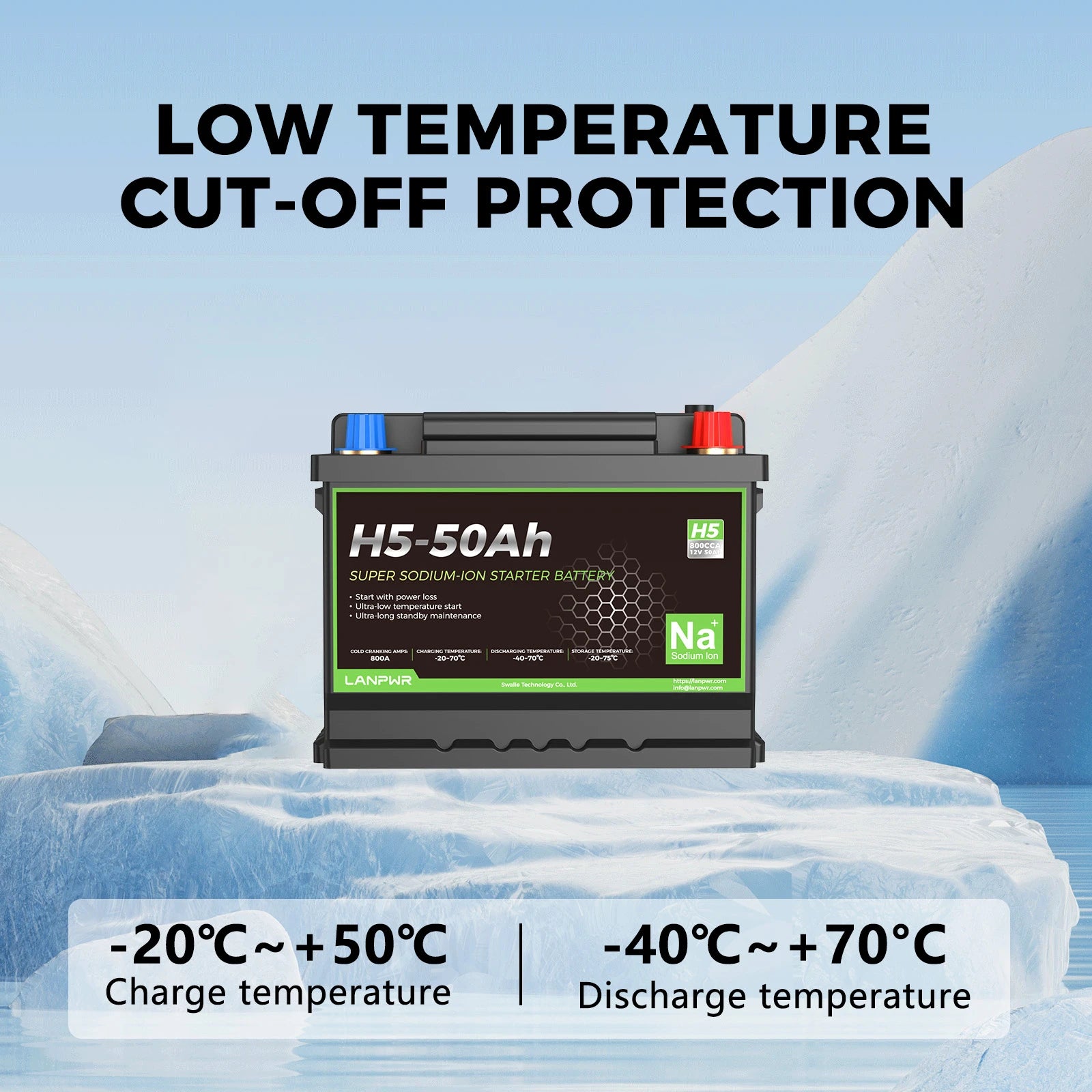 LANPWR 12V 50Ah Sodium-ion Starter Battery Max 800CCA | Reliable Power with Reduced Output at -40°C