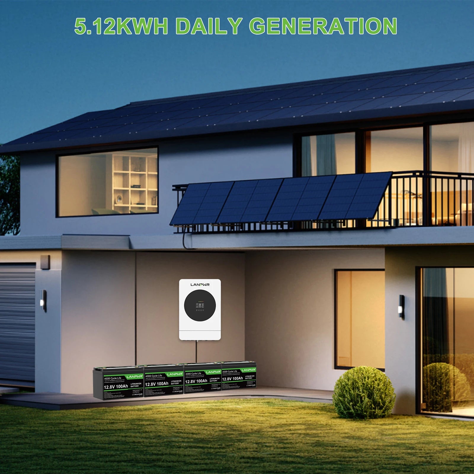 LANPWR 1440Wp 3600W 24V 5.12kWh Off‑Grid Solar Kit - 24V 3600W Off-grid Inverter, 4x12V 100Ah Battery LiFePO4 Battery