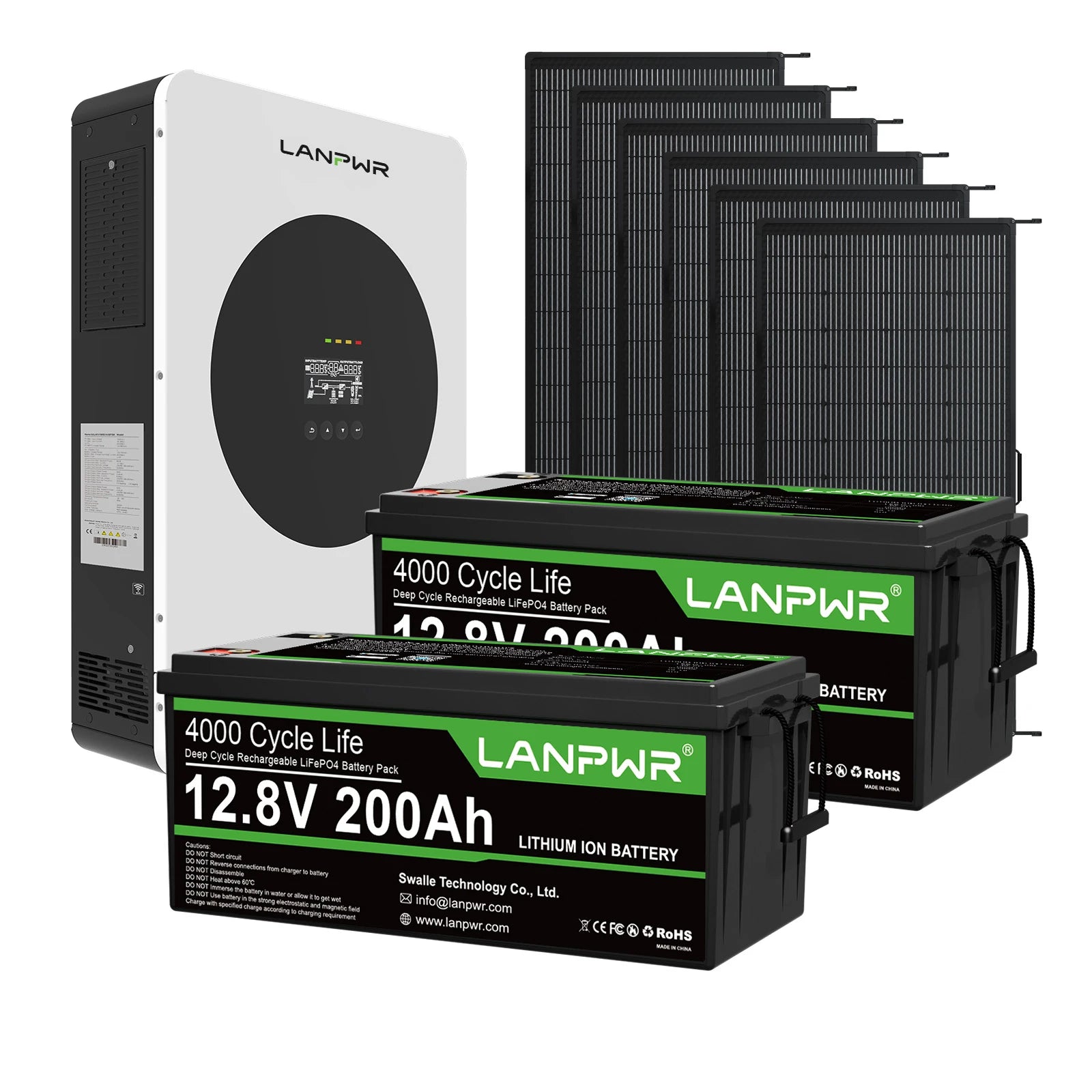 LANPWR 1440Wp 3600W 24V 5.12kWh Off‑Grid Solar Kit - 24V 3600W Off-grid Inverter, 2x12V 200Ah Plus Bluetooth LiFePO4 Battery