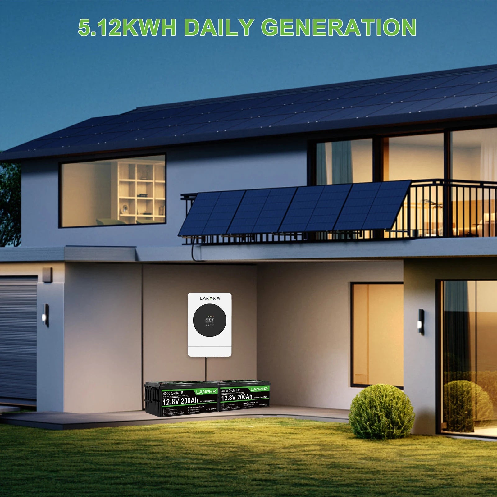 LANPWR 1440Wp 3600W 24V 5.12kWh Off‑Grid Solar Kit - 24V 3600W Off-grid Inverter, 2x12V 200Ah Plus Bluetooth LiFePO4 Battery