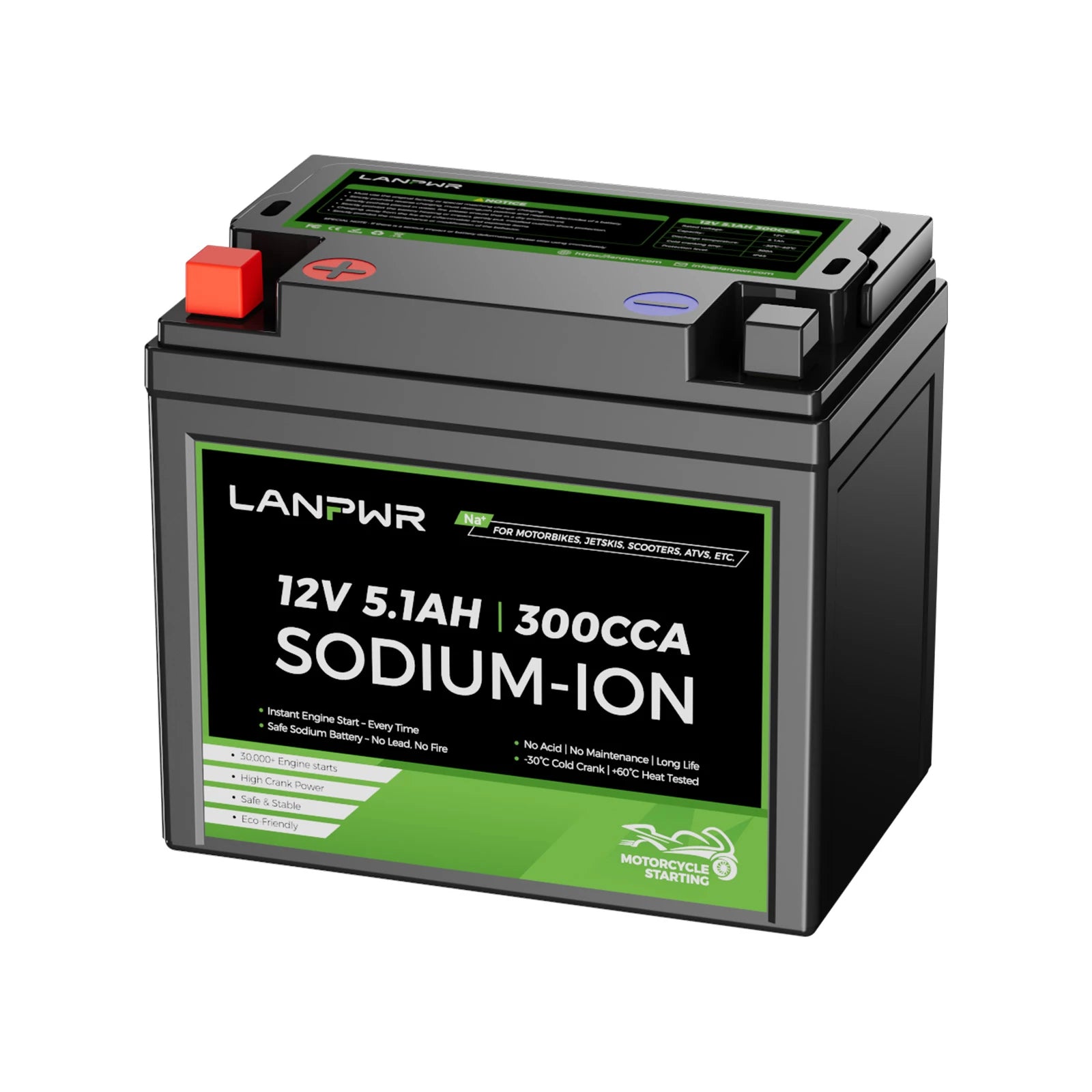 LANPWR 300CCA 12V 5.1Ah Sodium-ion Motorcycle Battery for Scooter, ATV, UTV, Jet Ski
