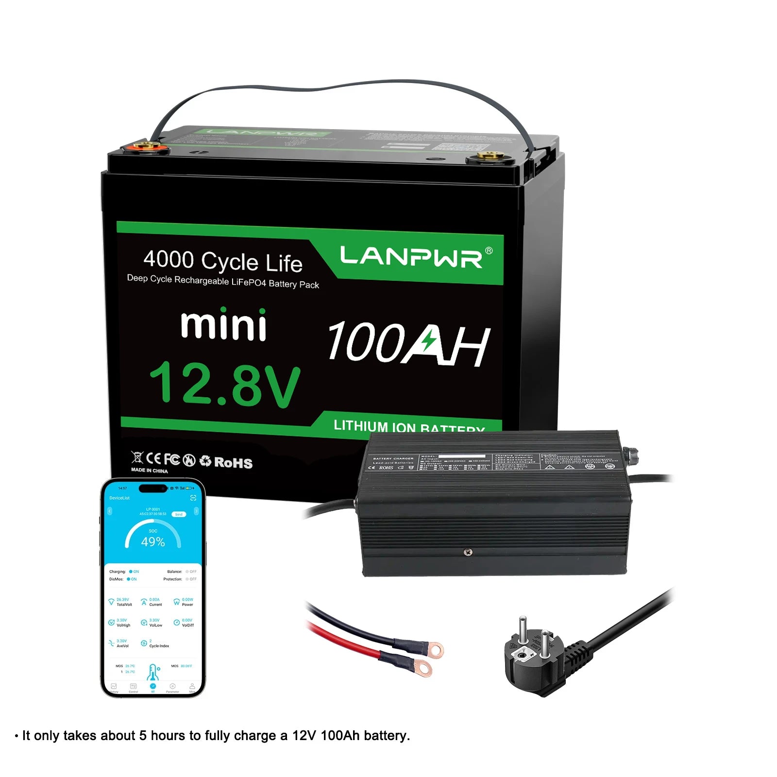 LANPWR 12V 100Ah Mini Bluetooth LiFePO4 Lithium Battery