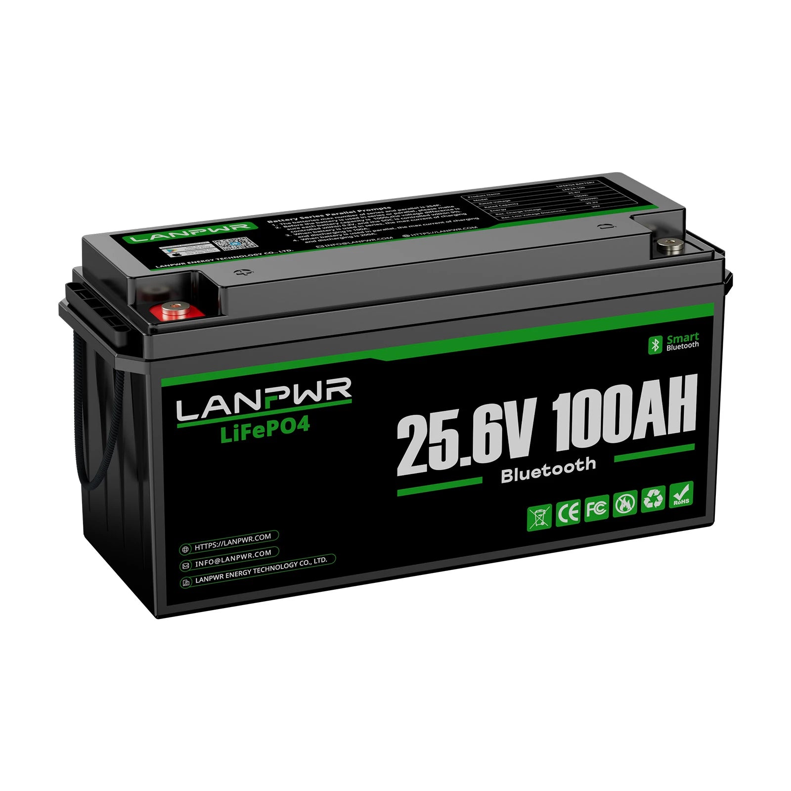 LANPWR 24V 100Ah LiFePO4 Battery with Bluetooth 5.0, Maximum Load Power 2560W, 2560Wh Energy