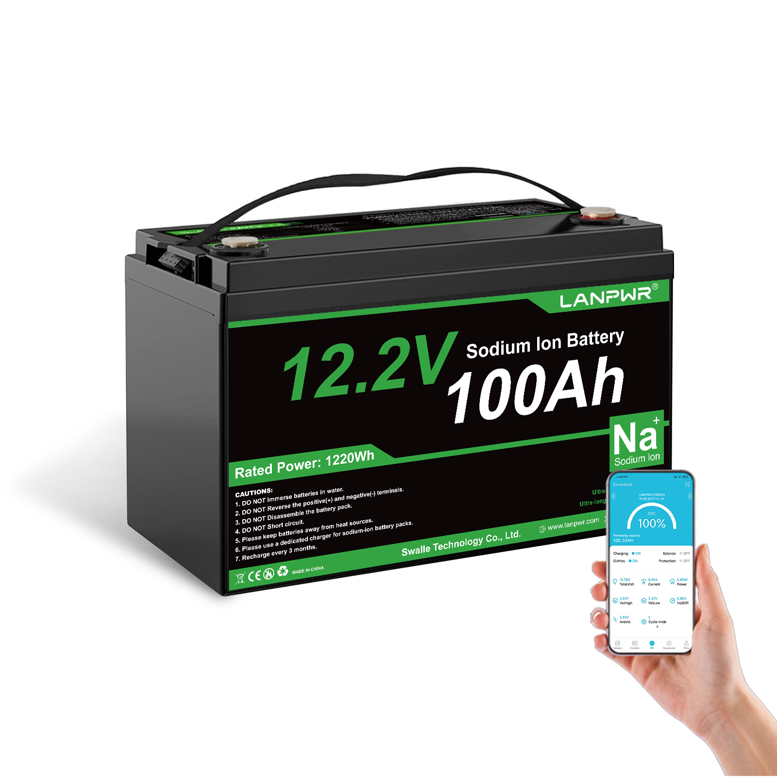 LANPWR 12.2V 100Ah Sodium-ion Bluetooth Lithium Battery