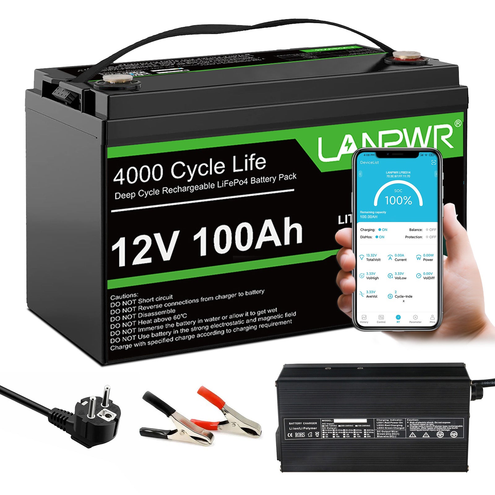 LANPWR 12V 100Ah LiFePO4 Battery with Bluetooth 5.0, 4000+ Deep Cycle Lithium Battery