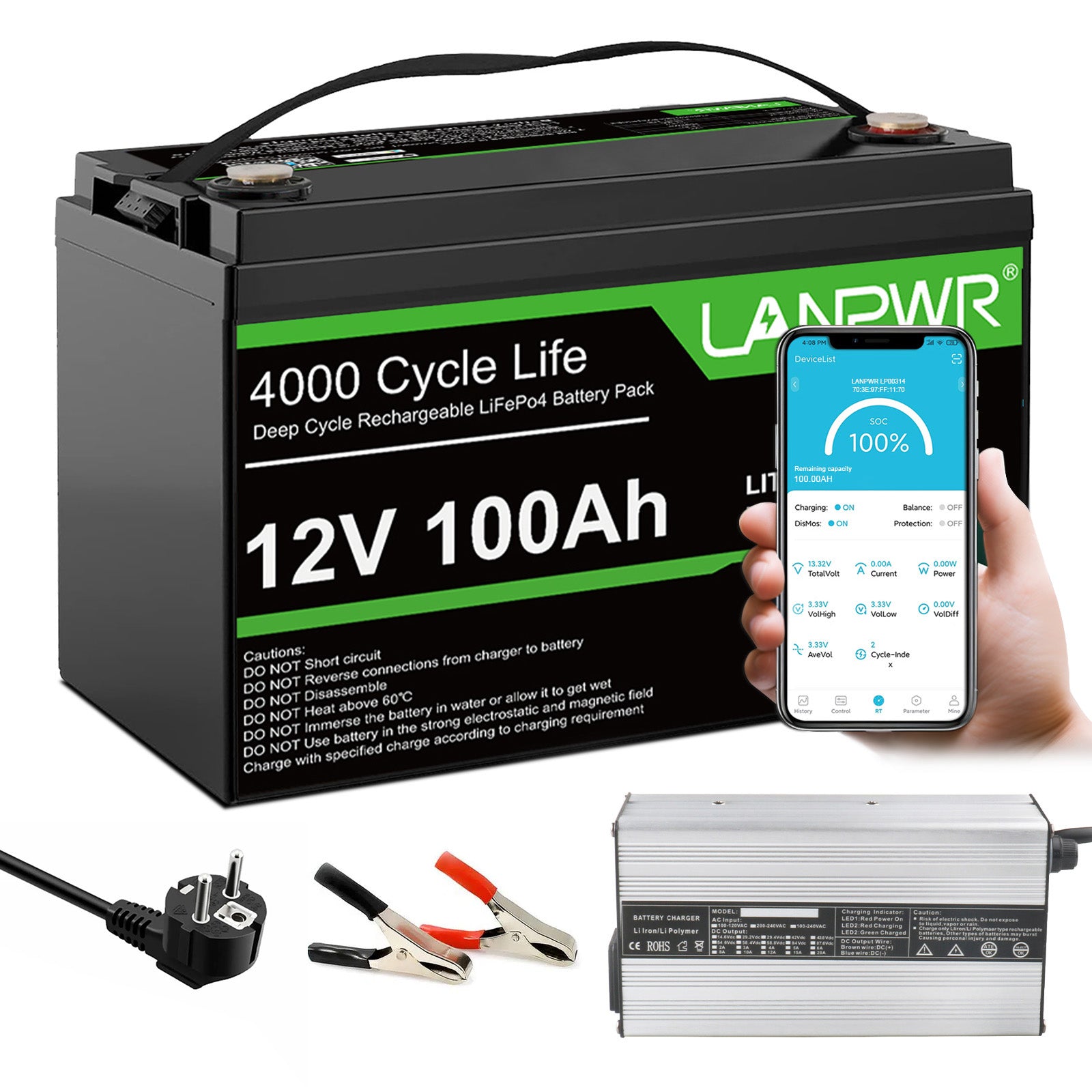 【Black Friday Price €229,99】LANPWR 12V 100Ah LiFePO4 Battery with Bluetooth 5.0, 4000+ Deep Cycle Lithium Battery