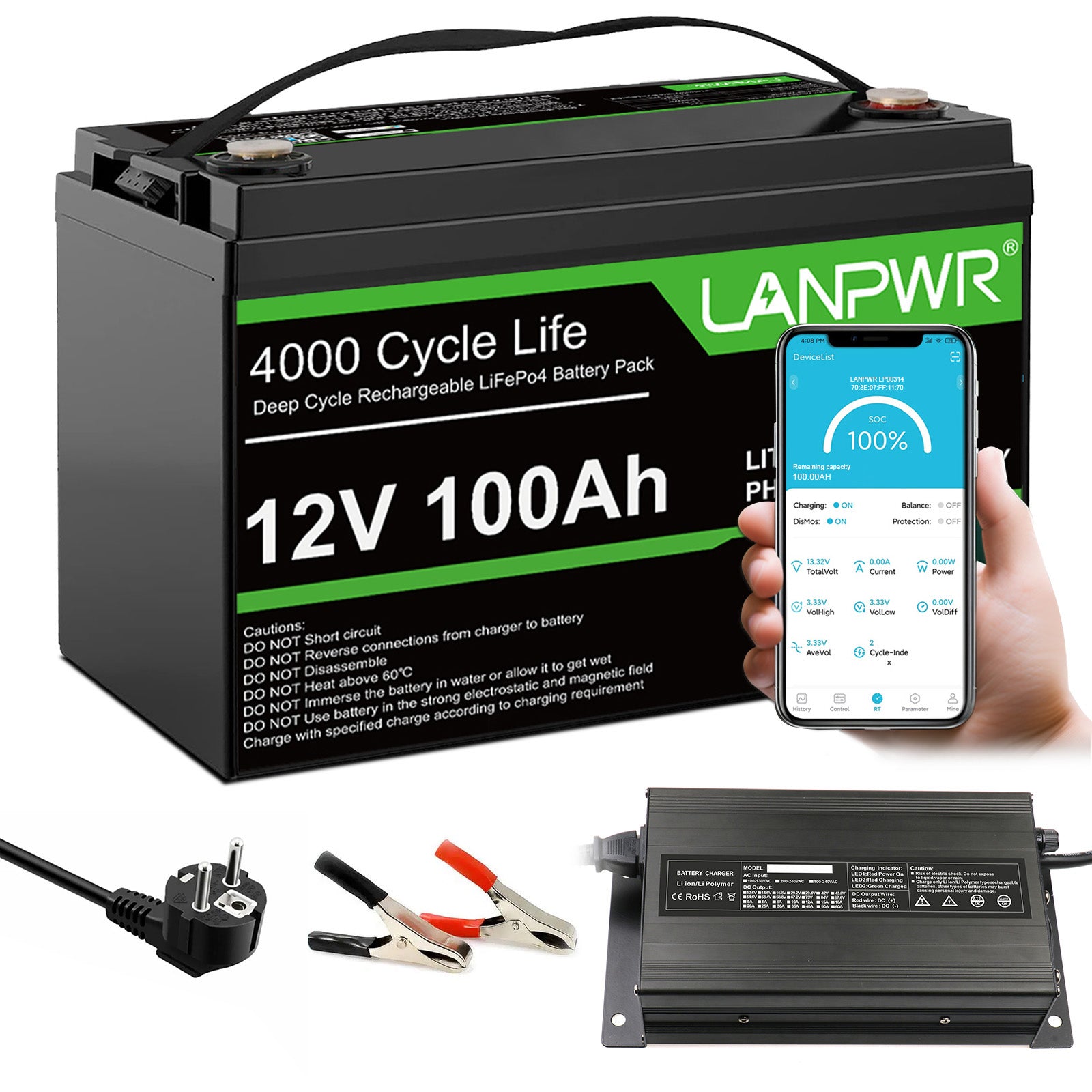 LANPWR 12V 100Ah LiFePO4 Battery with Bluetooth 5.0, 4000+ Deep Cycle Lithium Battery