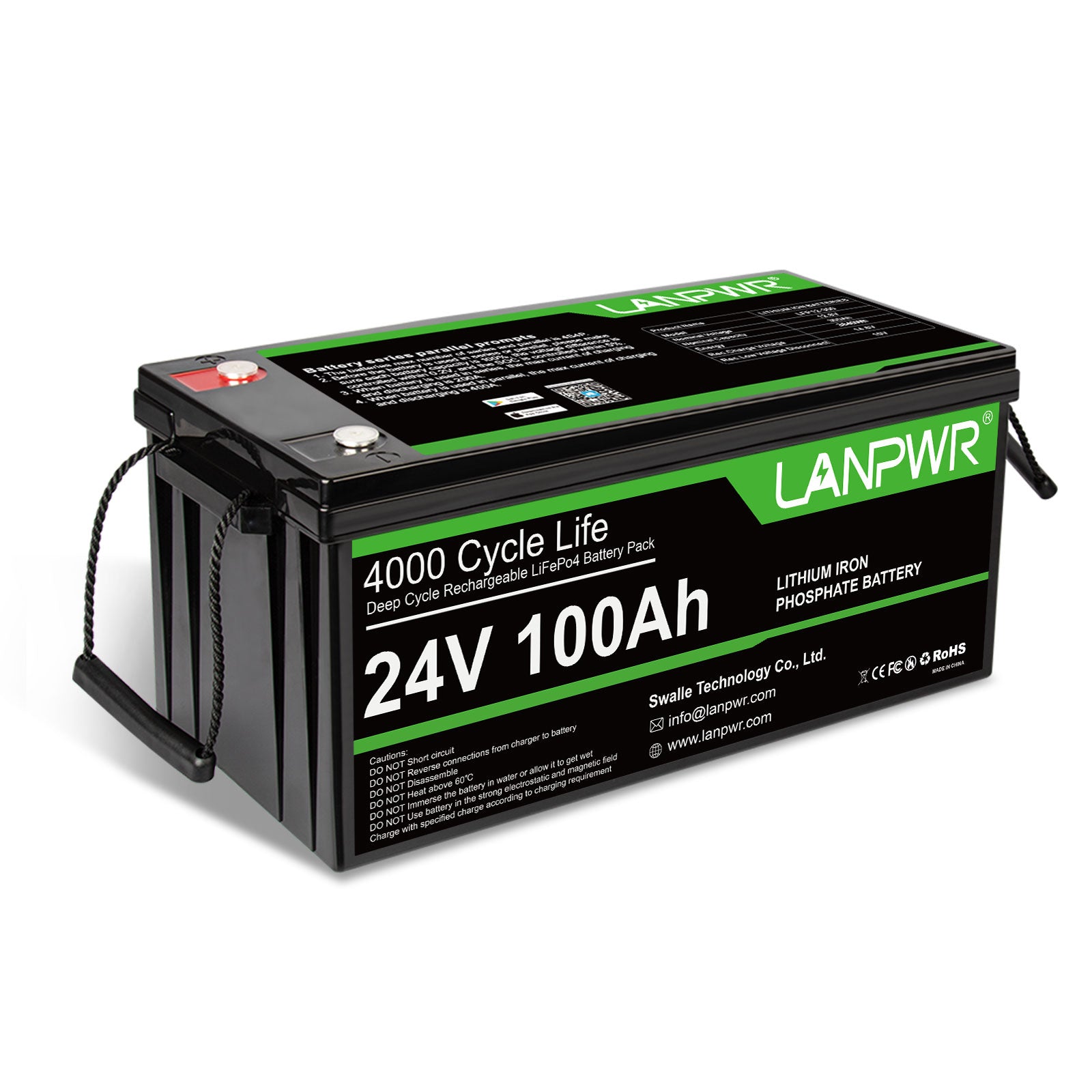 LANPWR 24V 100Ah LiFePO4 Battery with Bluetooth 5.0, Maximum Load Power 2560W, 2560Wh Energy