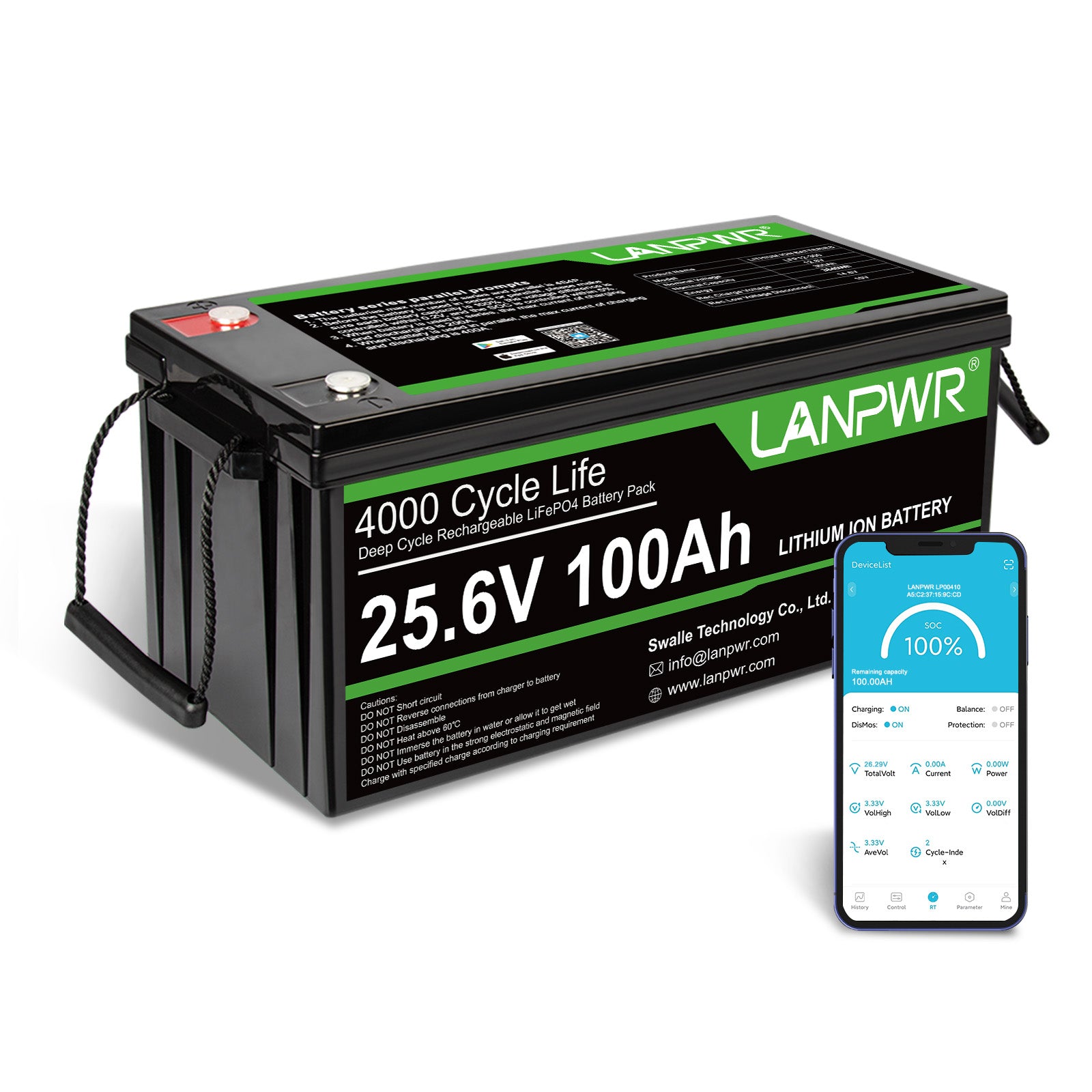 LANPWR 24V 100Ah LiFePO4 Battery with Bluetooth 5.0, Maximum Load Power 2560W, 2560Wh Energy