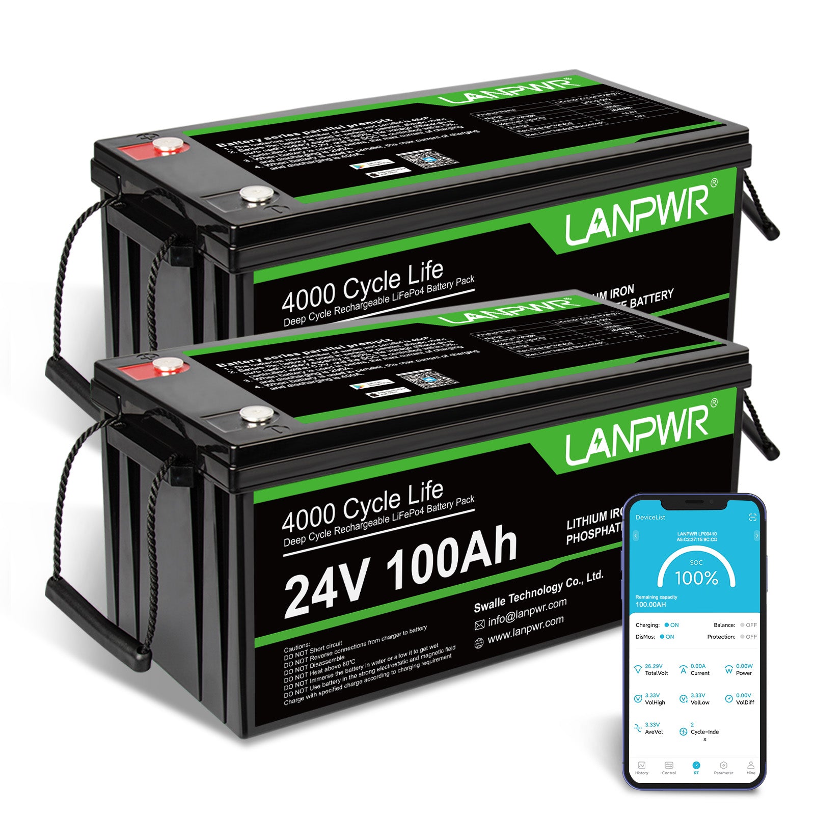 LANPWR 24V 100Ah LiFePO4 Battery with Bluetooth 5.0, Maximum Load Power 2560W, 2560Wh Energy