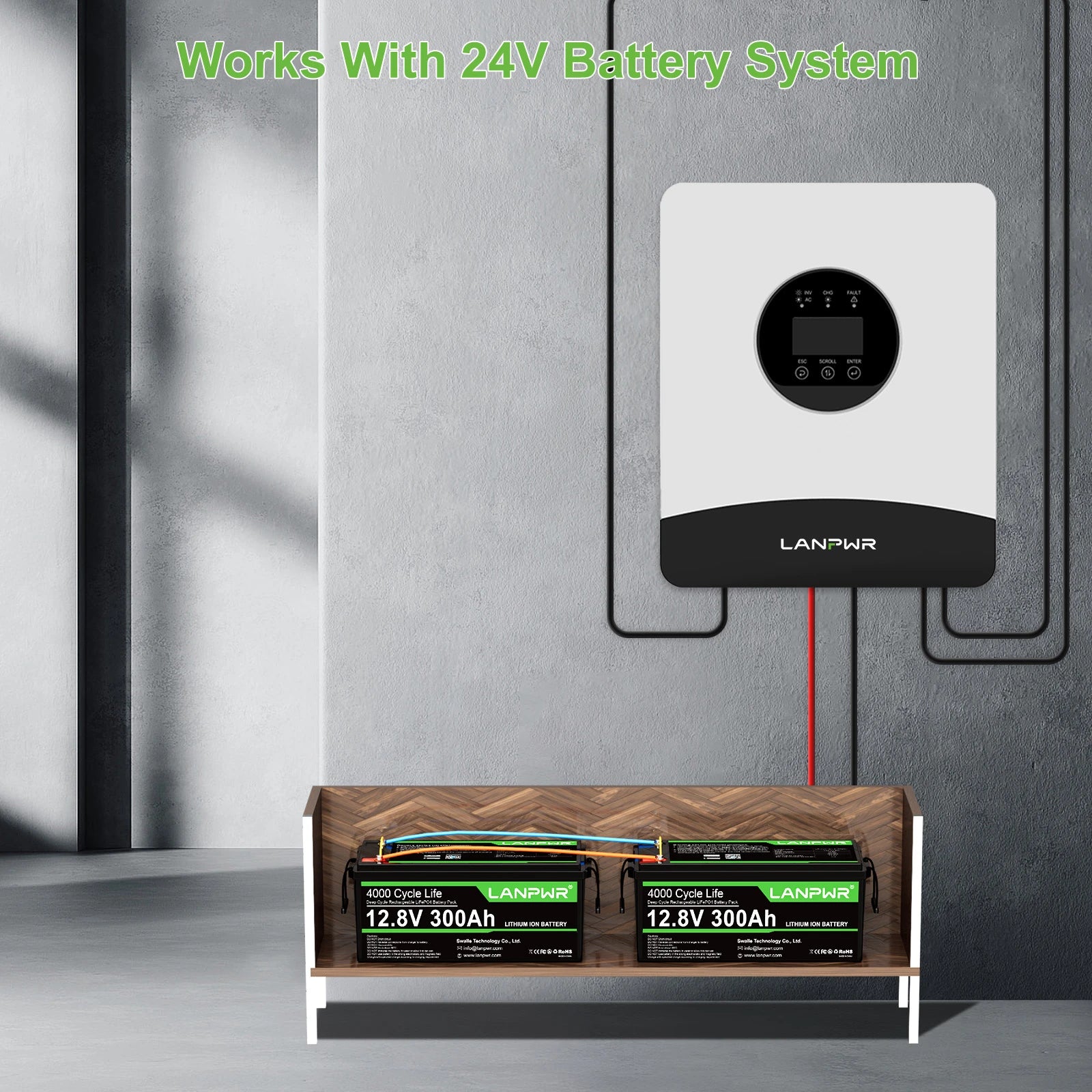LANPWR 1080Wp 3000W 24V 5.12kWh Off‑Grid Solar Kit - 24V 3000W Off-grid Inverter, 2x12V 300Ah Bluetooth LiFePO4 Battery