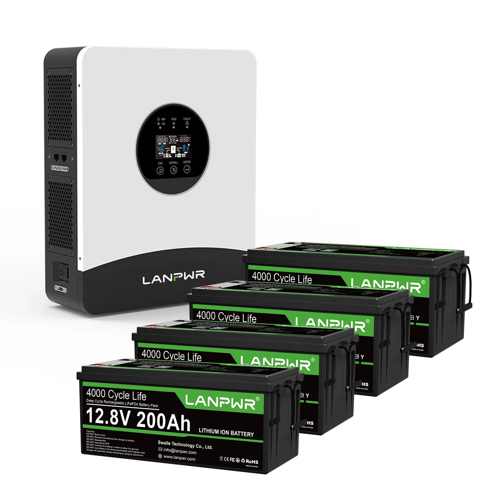 LANPWR 1080Wp 3000W 24V 5.12kWh Off-Grid Solar Panels Kit - 24V 3000W Off-grid Inverter, 2x12V 200Ah Bluetooth LiFePO4 Battery