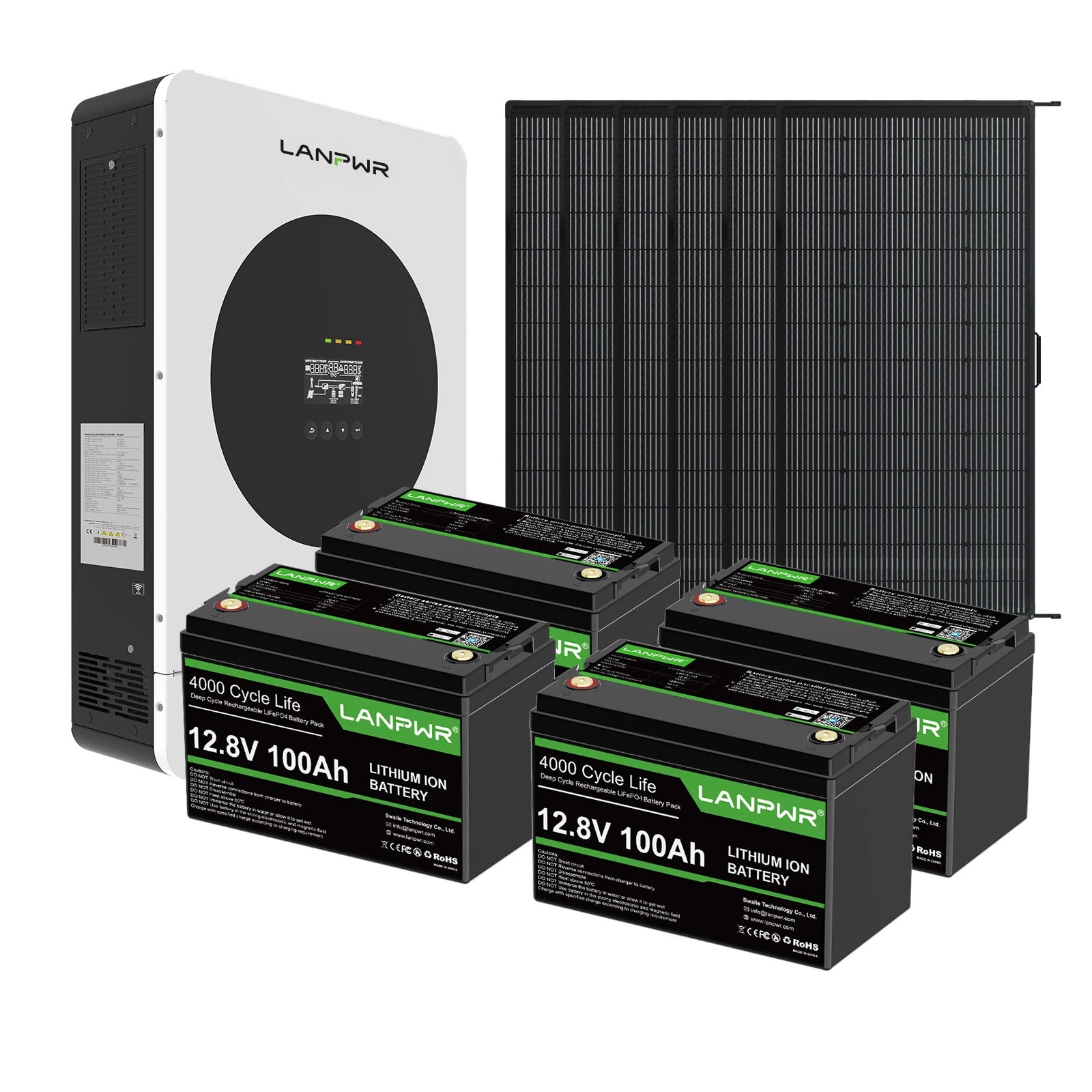 LANPWR 1440Wp 3600W 24V 5.12kWh Off‑Grid Solar Kit - 24V 3600W Off-grid Inverter, 4x12V 100Ah Battery LiFePO4 Battery