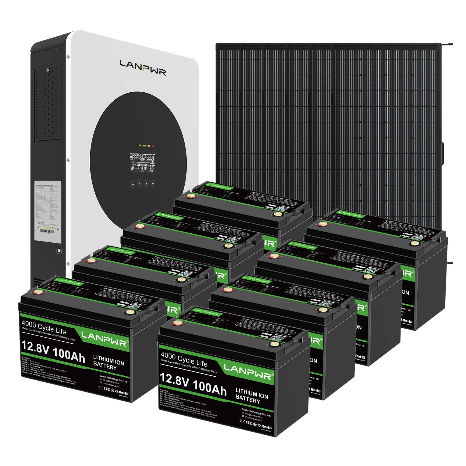 LANPWR 1440Wp 3600W 24V 5.12kWh Off‑Grid Solar Kit - 24V 3600W Off-grid Inverter, 4x12V 100Ah Battery LiFePO4 Battery