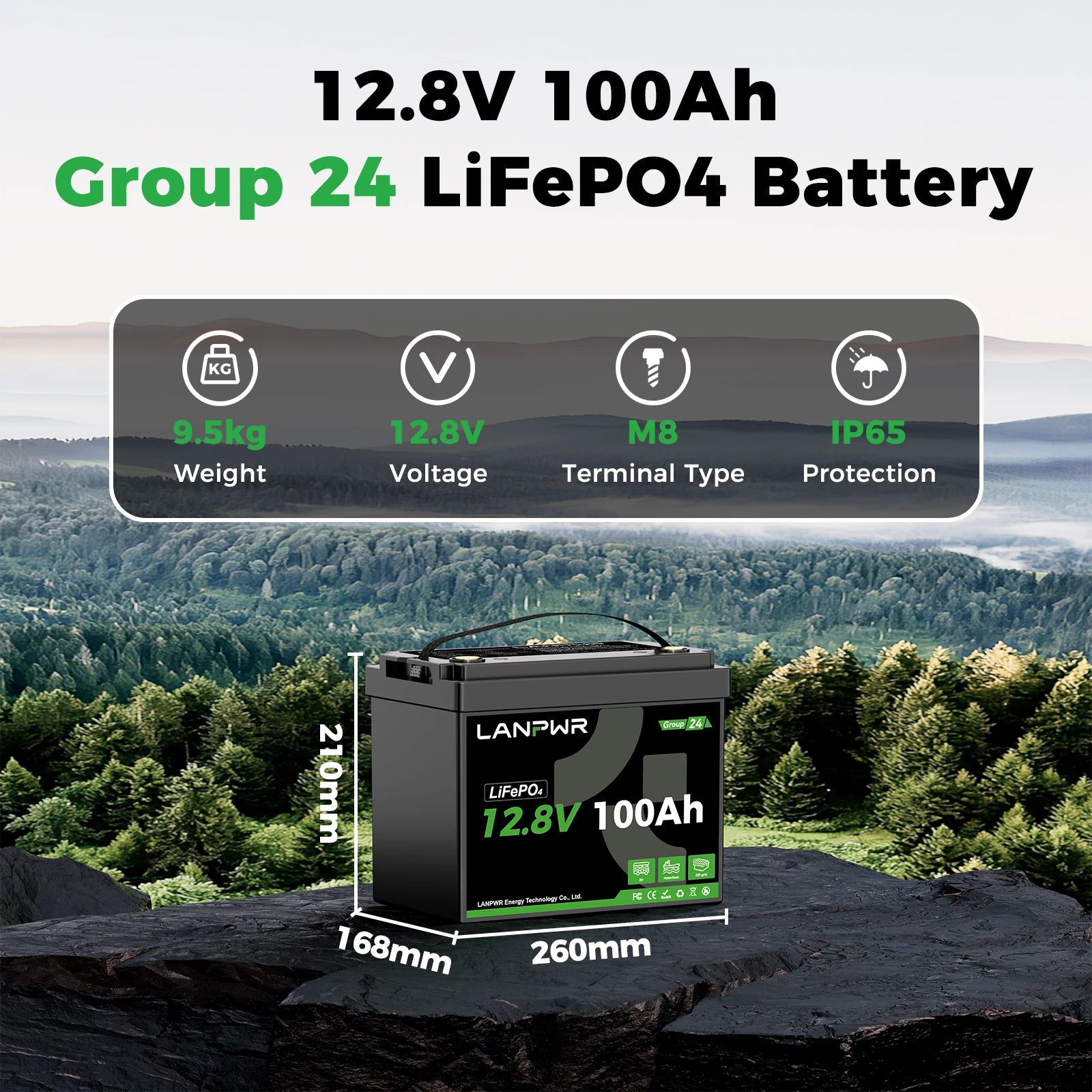LANPWR 12V 100Ah G24 Mini Deep Cycle LiFePO4 Lithium Battery