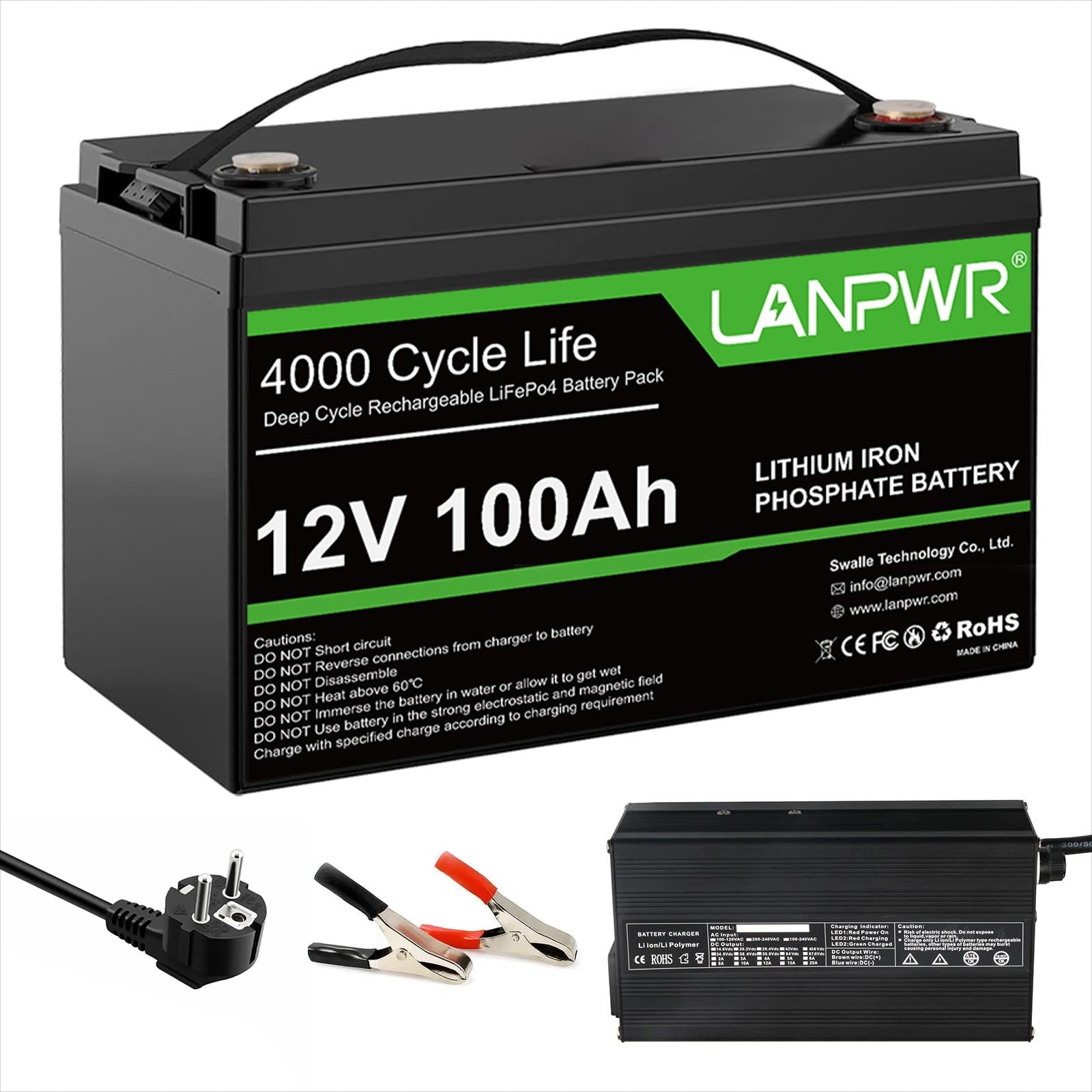 【Black Friday Price €199,99】LANPWR 12V 100Ah LiFePO4 Battery with 4000+ Deep Cycles & Built-In 100A BMS, 1280Wh Best RV Lithium Battery