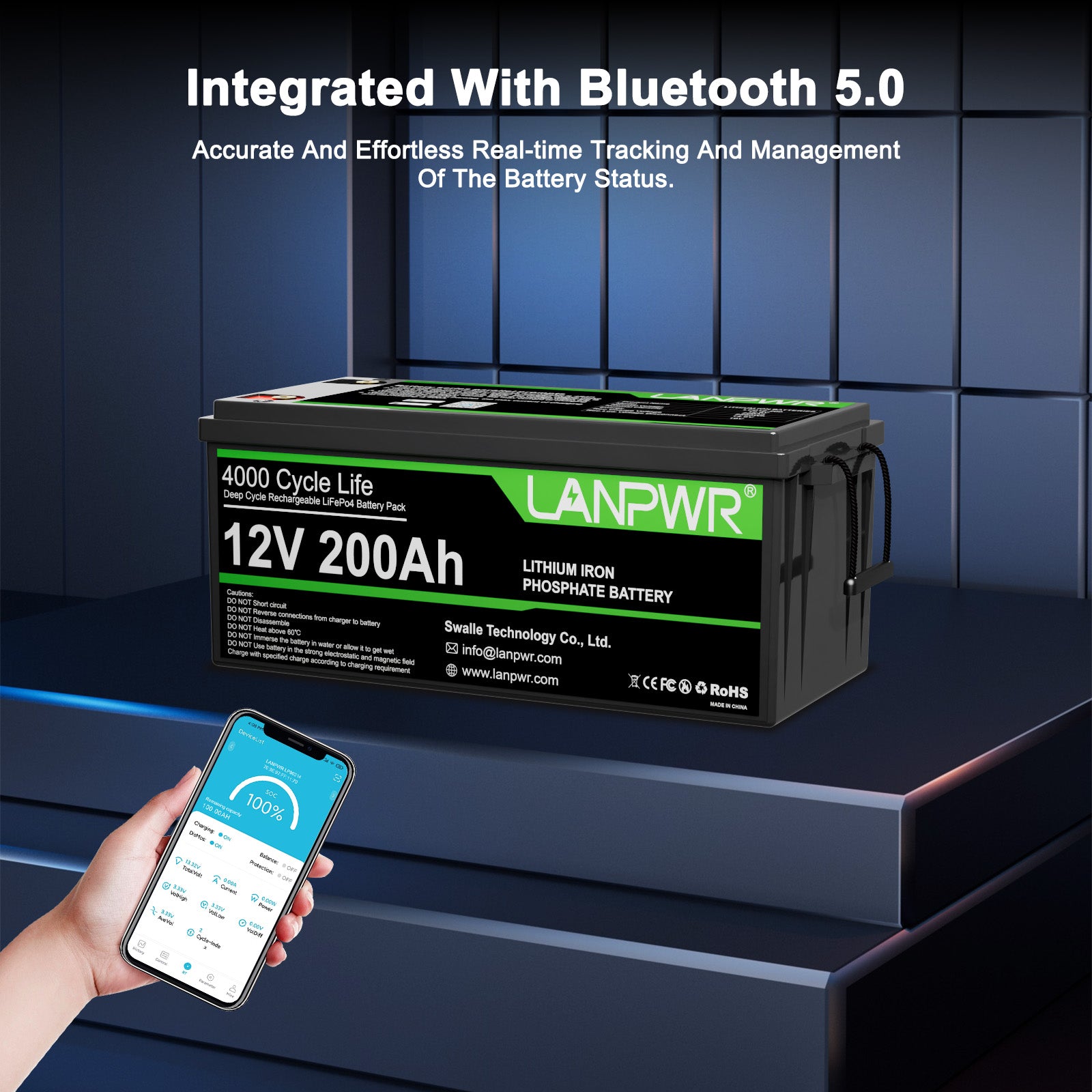 LANPWR 12V 200Ah Plus LiFePO4 Battery with Bluetooth 5.0, Maximum Load Power 2560W, 2560Wh Energy