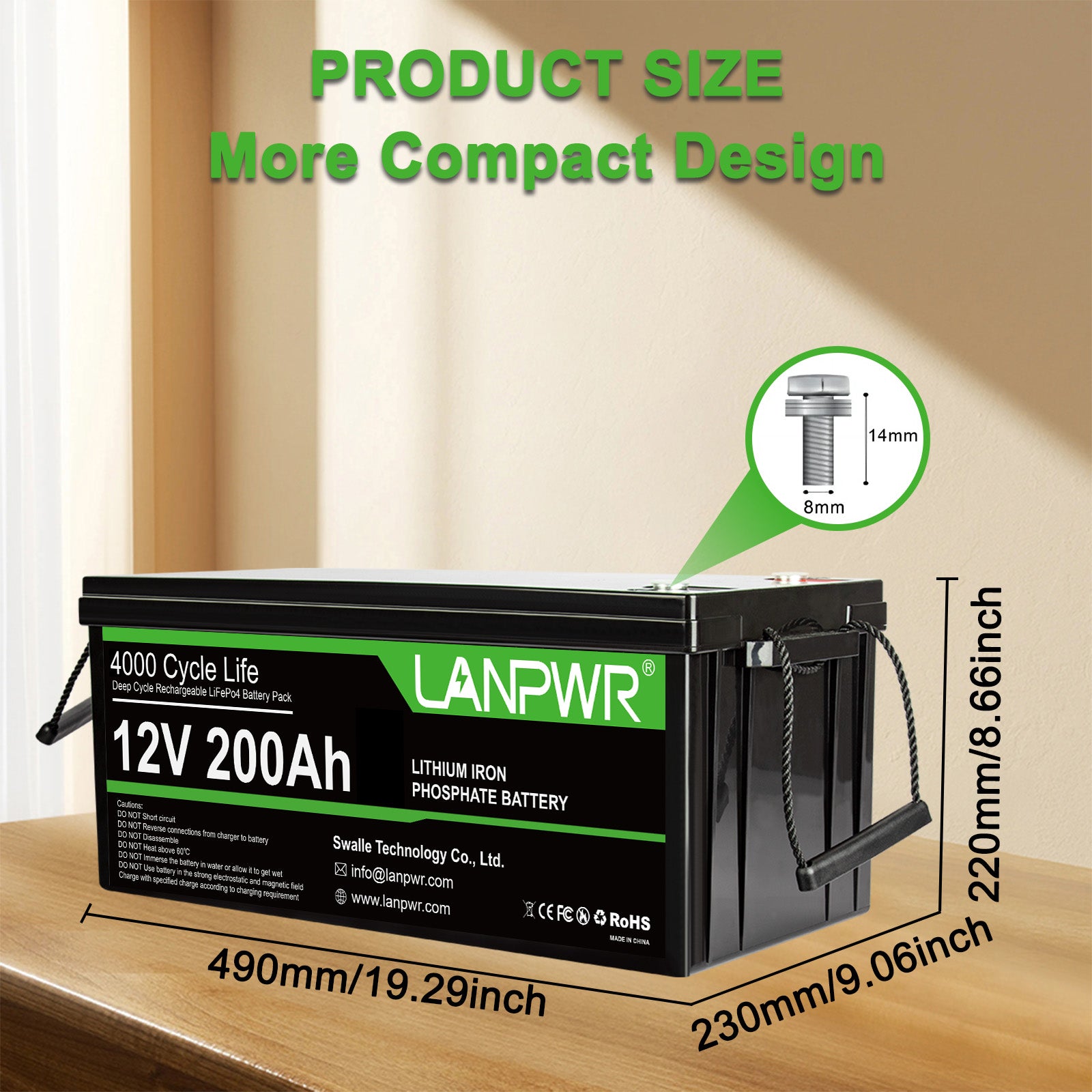 LANPWR 12V 200Ah Plus LiFePO4 Battery, 2560Wh Energy, Built-In 200A BMS, 2560W Load Power