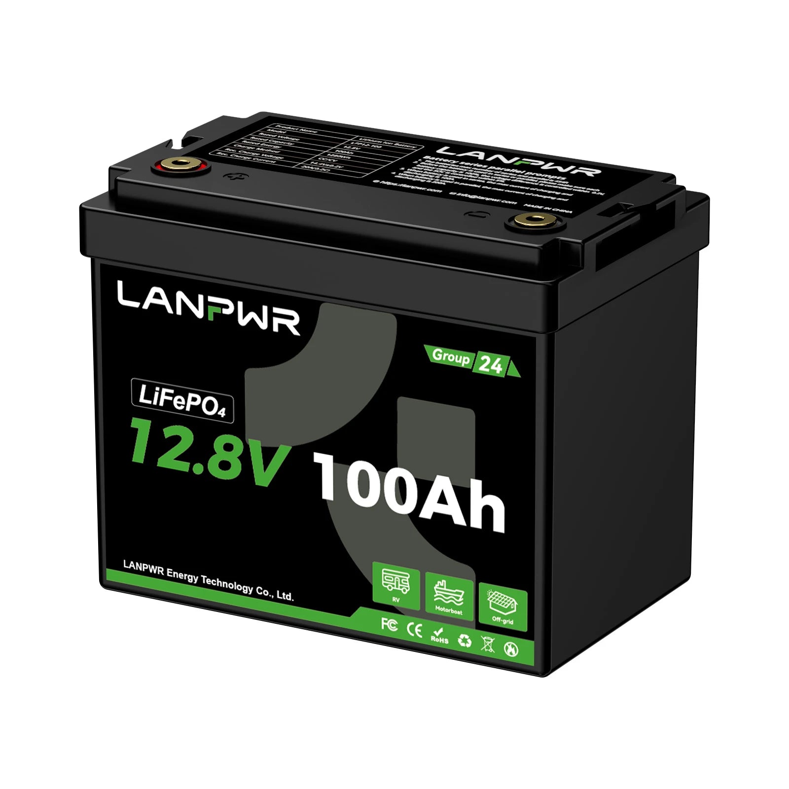 LANPWR 12V 100Ah G24 Mini Deep Cycle LiFePO4 Lithium Battery