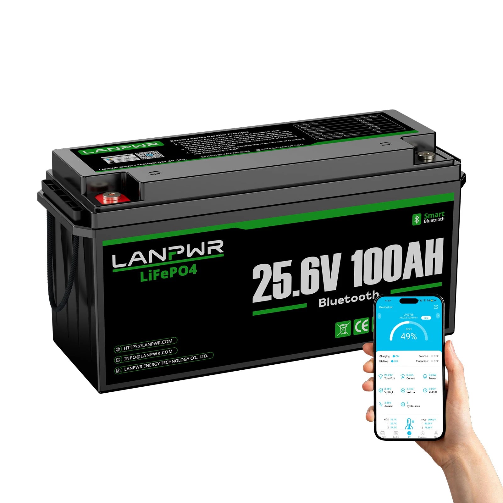 LANPWR 24V 100Ah LiFePO4 Battery with Bluetooth 5.0, Maximum Load Power 2560W, 2560Wh Energy