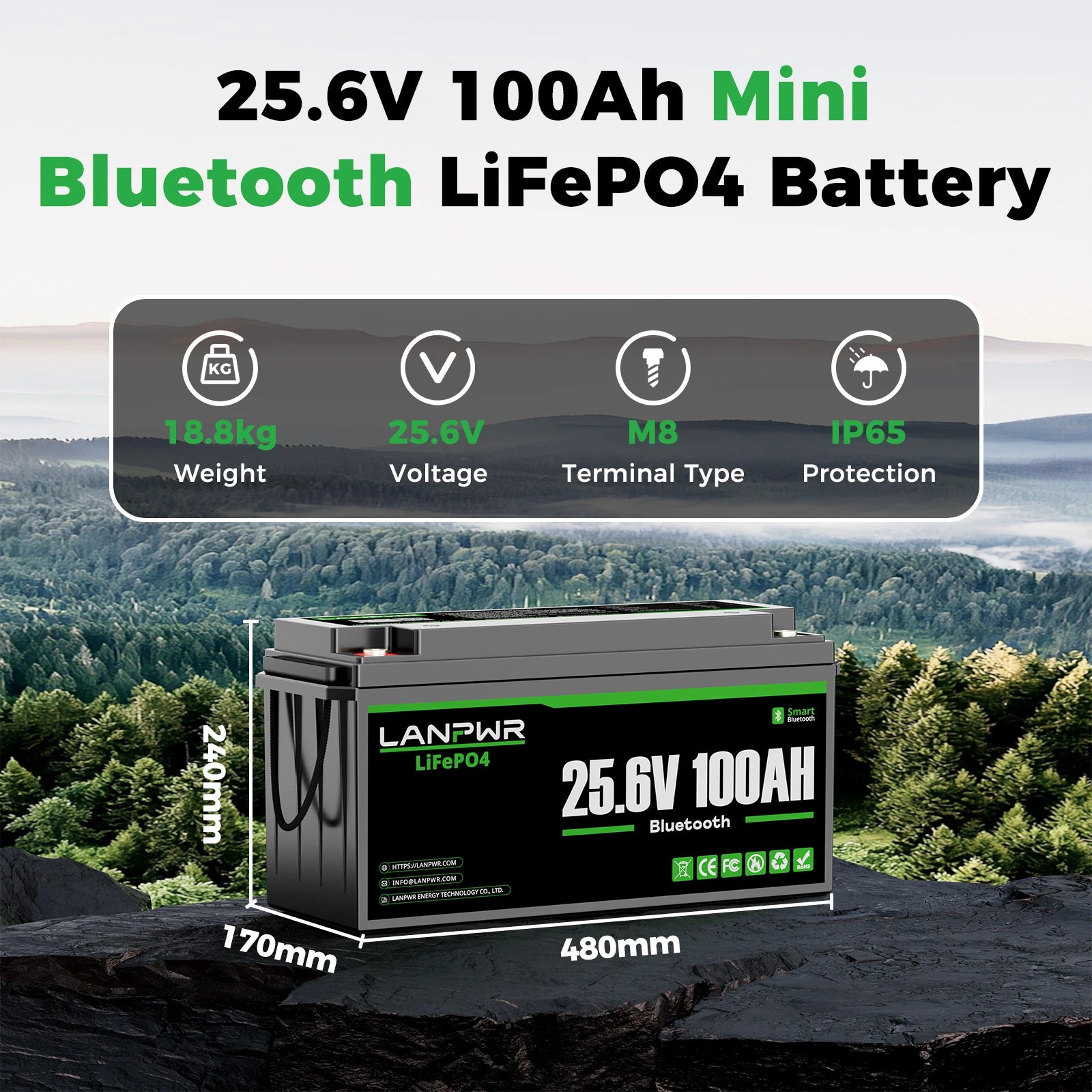 LANPWR 24V 100Ah LiFePO4 Battery with Bluetooth 5.0, Maximum Load Power 2560W, 2560Wh Energy