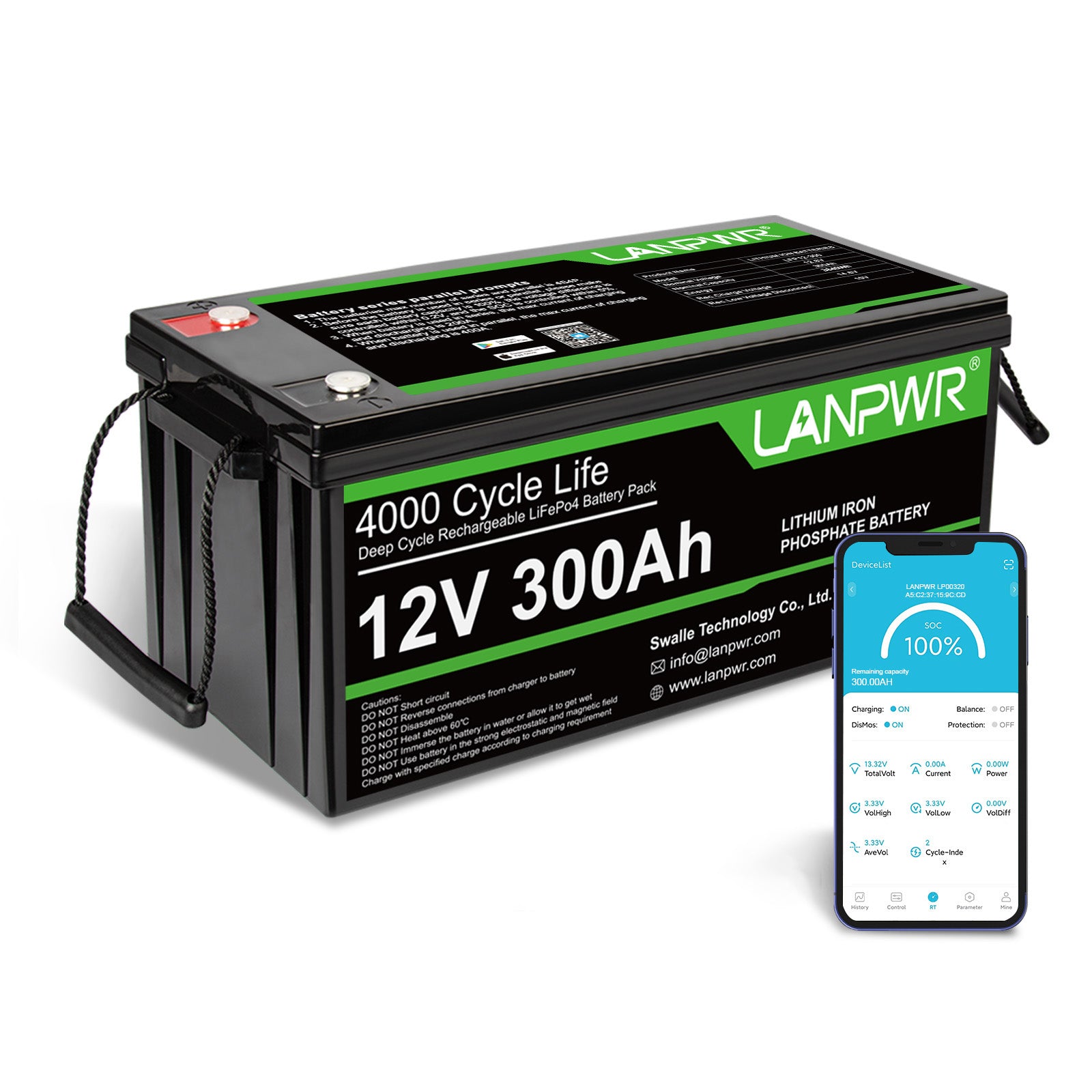 LANPWR 12V 300Ah LiFePO4 Battery with Bluetooth 5.0, Maximum Load Power 2560W, 3840Wh Energy