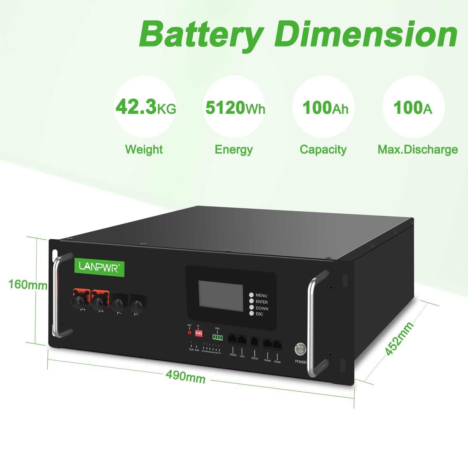 LANPWR 51.2V 100Ah LiFePO4 Battery with 16 cells, Built-In 100A BMS, 5120W Energy, Max. load 5120W